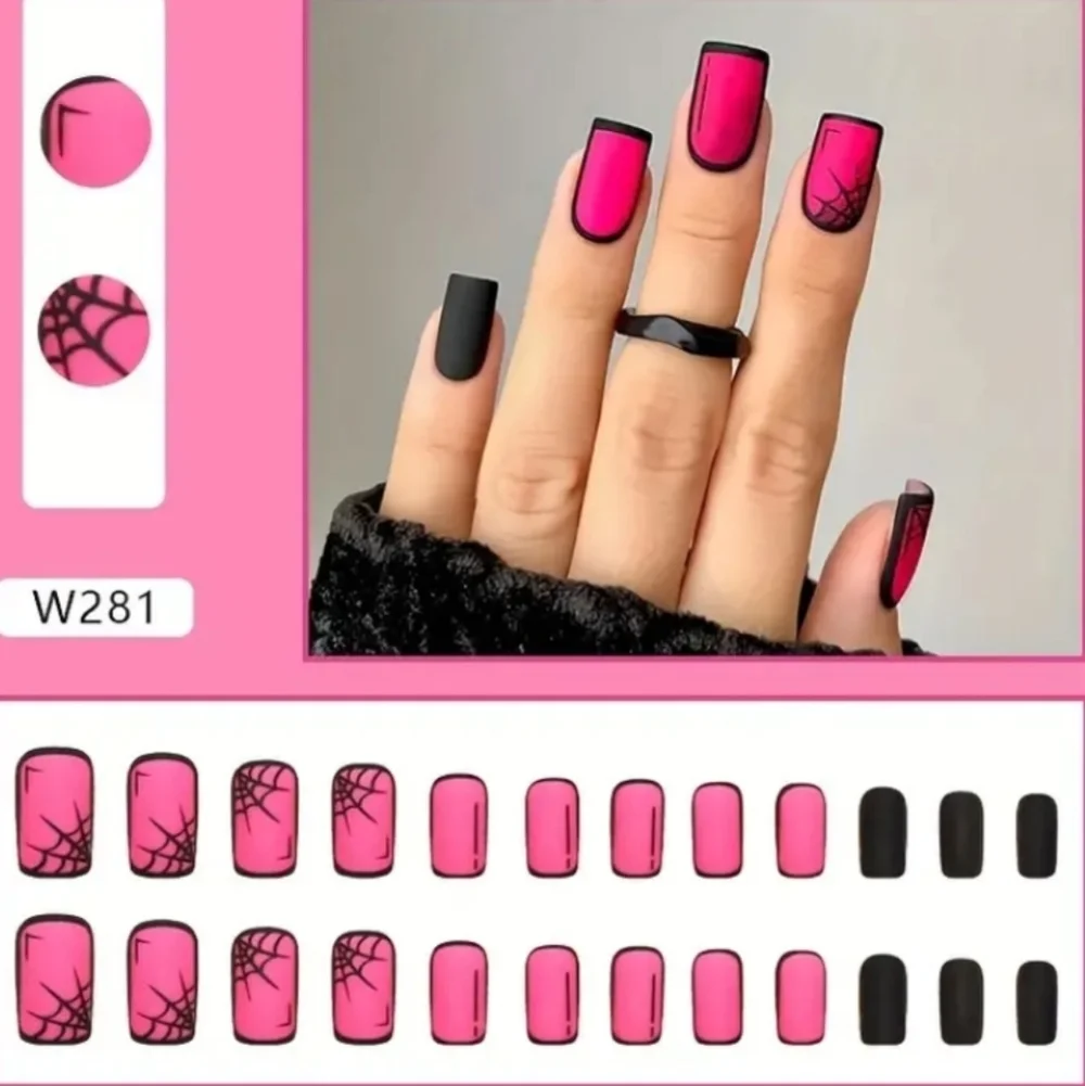 🔥3/$21 Hot Pink and black cartoon web design Press on False nails